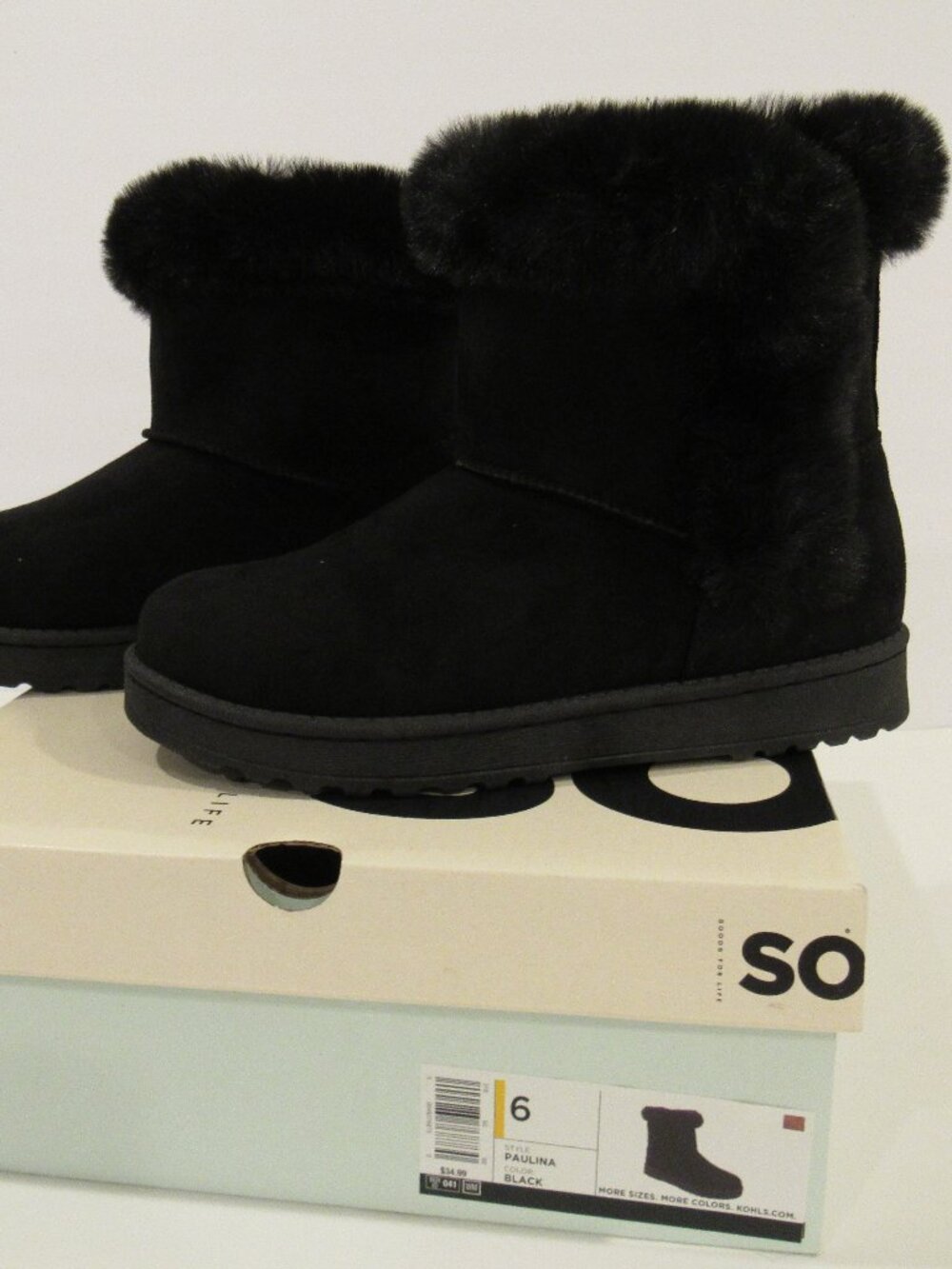NEW $35 WOMENS UGG TYPE BLACK BOOTS FAUX FUR/SUEDE SIZE 6